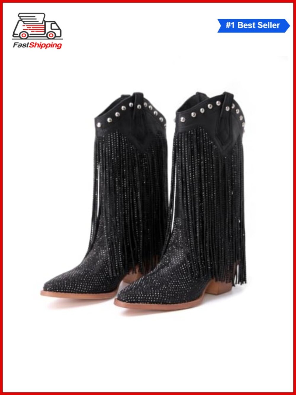 ✨ Rhinestone Cowboy Boots Pointed Toe Fringe Chunky Heel Mid Calf Western Boots